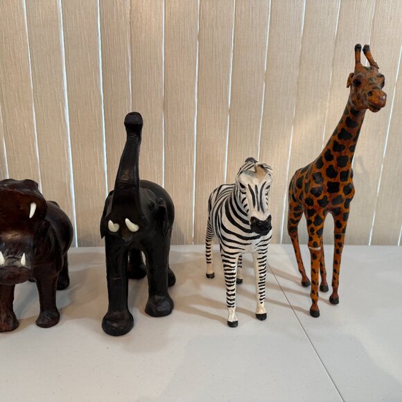 Vintage Leather  Elephant Giraffe Hippo and  Zebra Statues Figurines Lot Of 4 - Picture 2 of 16